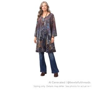 Burnout Velvet Paisley Tunic Dress Boho Artsy A-Line Purple L